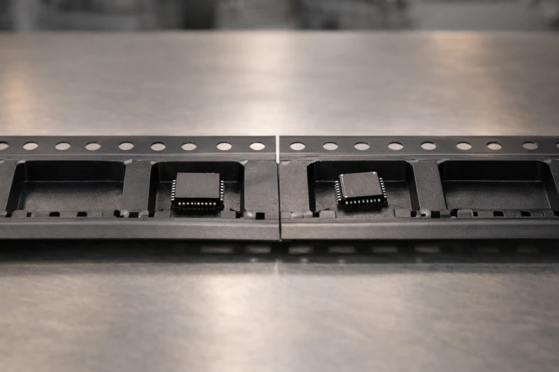 So sánh độ ổn định của IC bên trong hốc băng tải linh kiện dập nổi, thể hiện trạng thái căn giữa và lệch ngang nhẹ