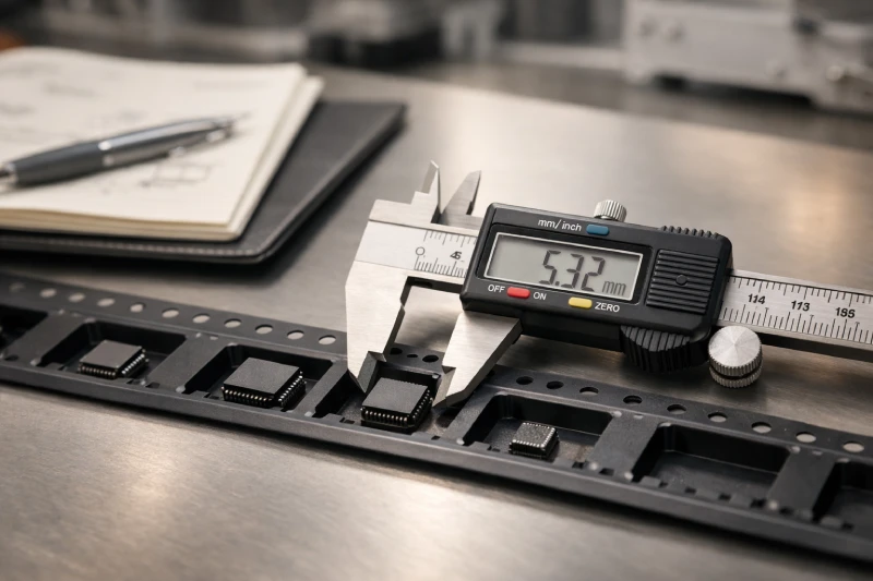 Digital caliper measuring pocket width of embossed carrier tape holding IC chips on SMT inspection table