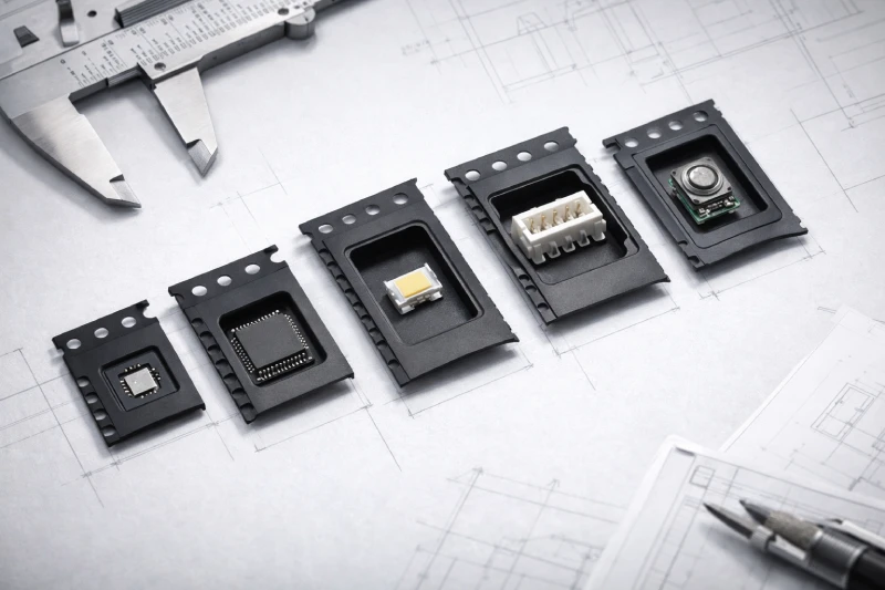 Carrier tape pocket design comparison for ICs, LEDs, connectors and sensor modules