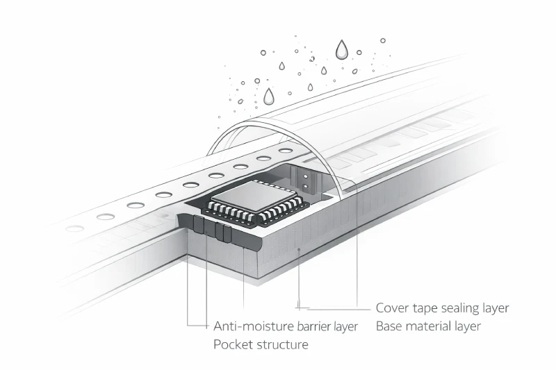 moisture resistant carrier tape structure diagram showing pocket design and barrier layers
