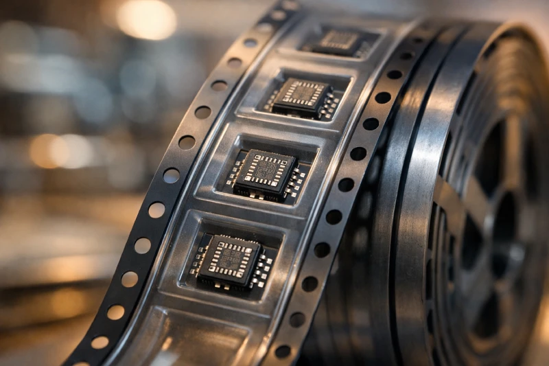 semiconductor carrier tape reel with IC chips in embossed pockets for SMT assembly