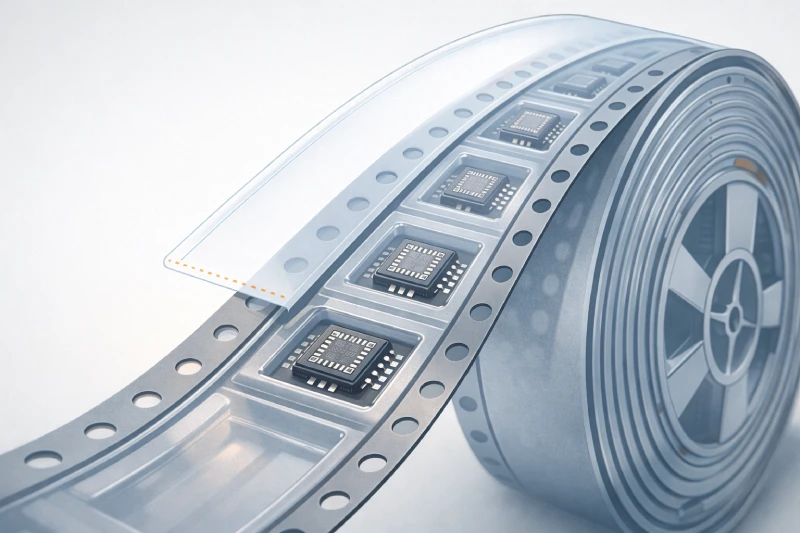 engineering illustration of semiconductor carrier tape and reel packaging structure