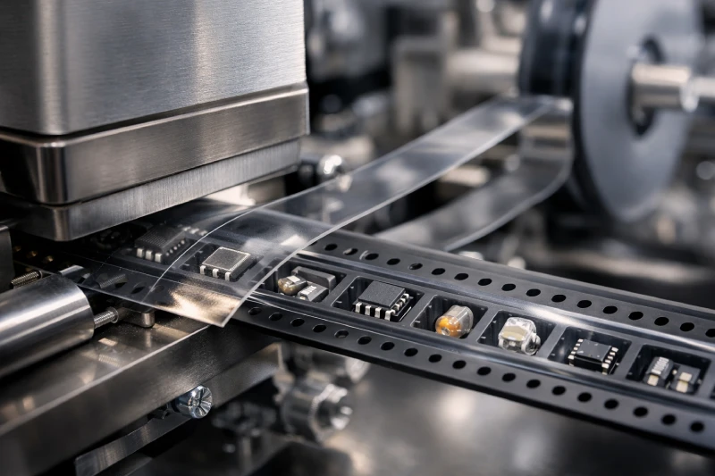 SMT cover tape sealing electronic components inside carrier tape during tape and reel packaging