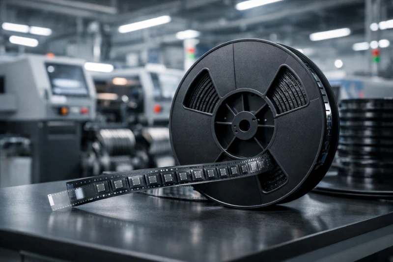 Anti-static plastic reel with carrier tape and IC components used in SMT packaging