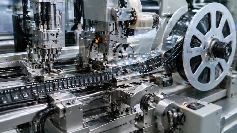 carrier tape packaging process showing component loading sealing and reel winding