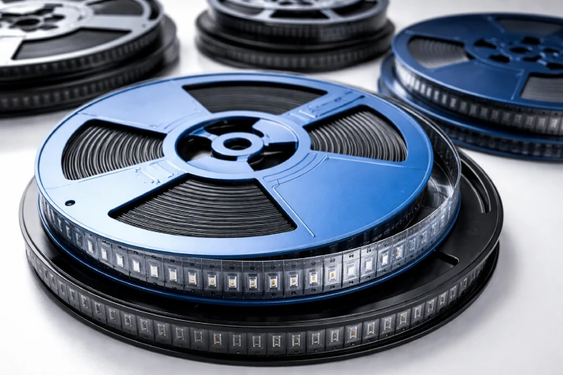 Carrier tape plastic reel with embossed tape and electronic components beside an SMT production line