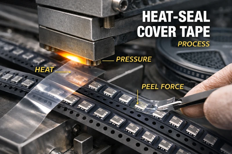 Heat-seal cover tape process from component loading to reel winding in tape-and-reel packaging