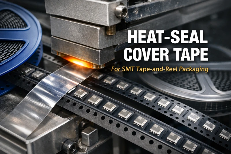 Heat-seal cover tape sealing electronic components into embossed carrier tape for SMT packaging