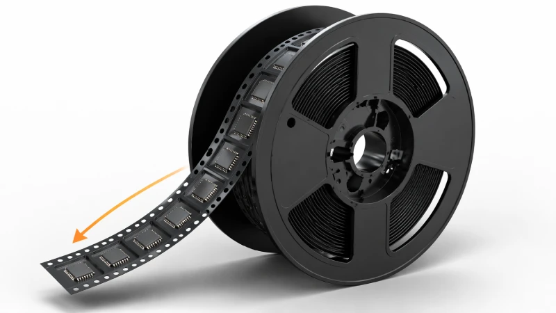 IC晶片塑膠捲盤工程圖，顯示法蘭、軸心、軸孔和載帶捲繞方向