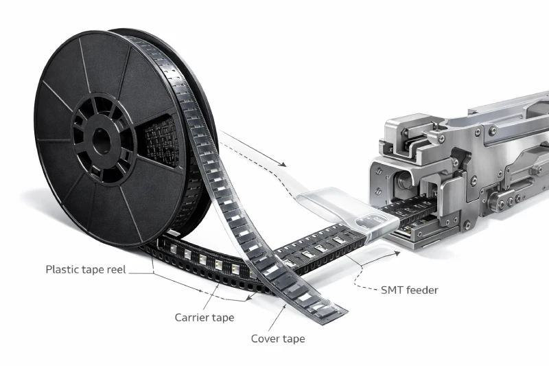 Engineering diagram showing plastic tape reel, carrier tape, cover tape and SMT feeder relationship