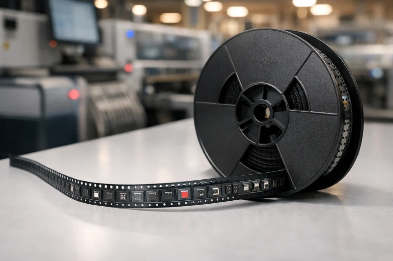 Semiconductor packaging plastic reel with embossed carrier tape and IC components in SMT production environment
