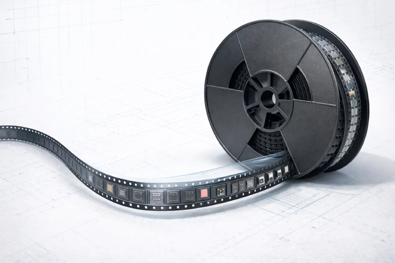 Engineering diagram of semiconductor packaging plastic reel with carrier tape and cover tape system