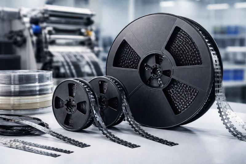 SMD plastic reels with carrier tape in SMT packaging production environment