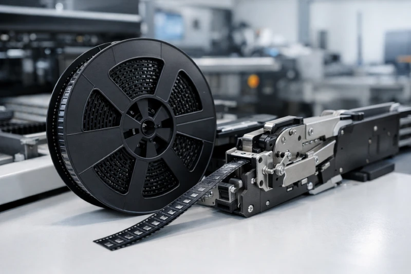 SMT plastic reel with carrier tape beside SMT feeder equipment