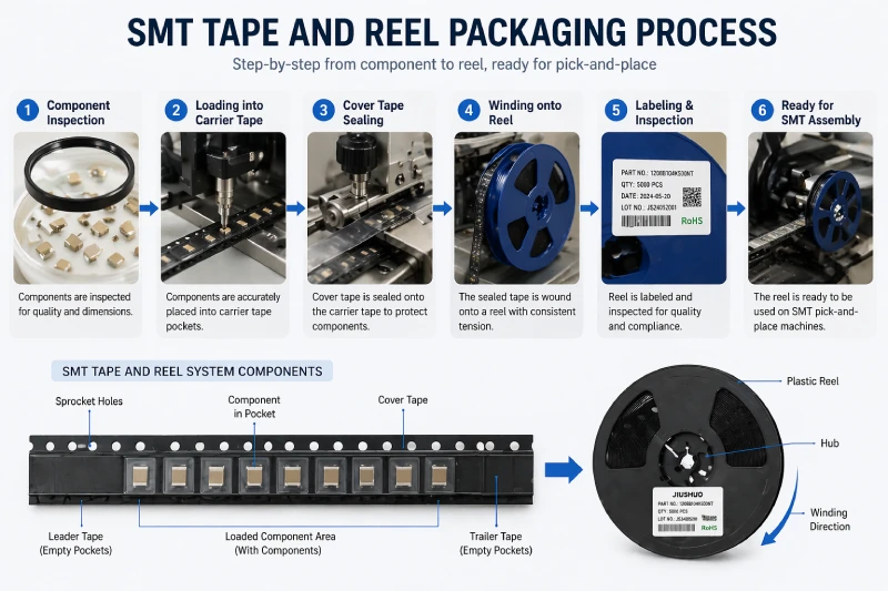 SMT tape and reel packaging process showing component loading and reel winding