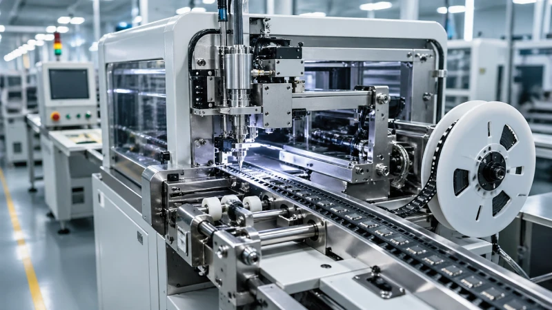 SMT tape and reel packaging machine operating in electronics manufacturing line