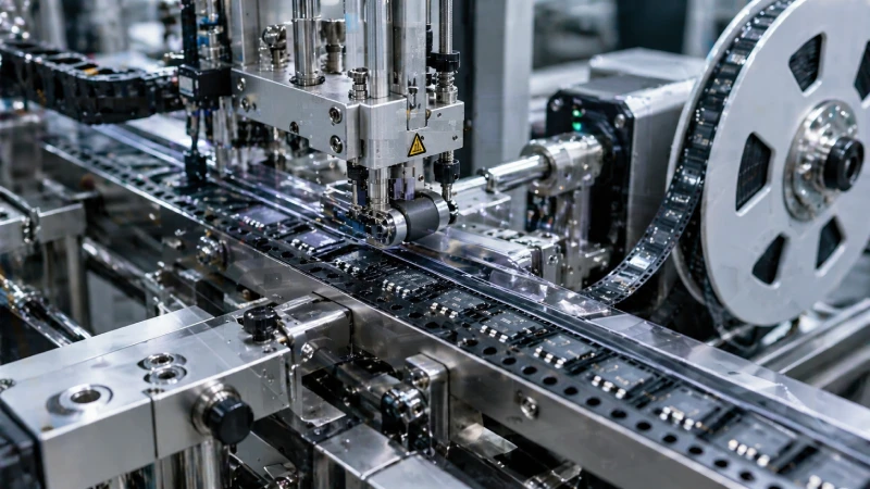 close-up of SMT tape and reel packaging process with component placement and sealing