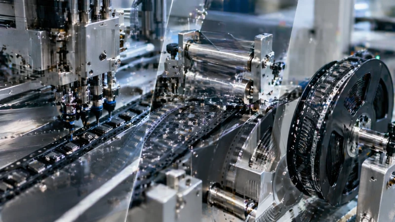carrier tape packaging process showing component placement sealing and reel winding