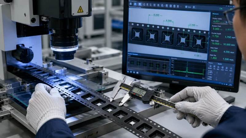 Dimensional inspection of embossed carrier tape pockets using precision optical measurement equipment