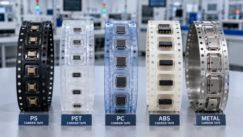 Comparison of PS PET PC ABS and metal carrier tape materials for SMT electronic packaging applications