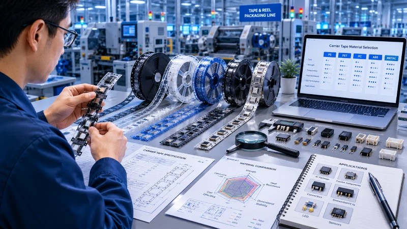 Engineer selecting carrier tape materials for SMT electronic component packaging in a modern manufacturing facility