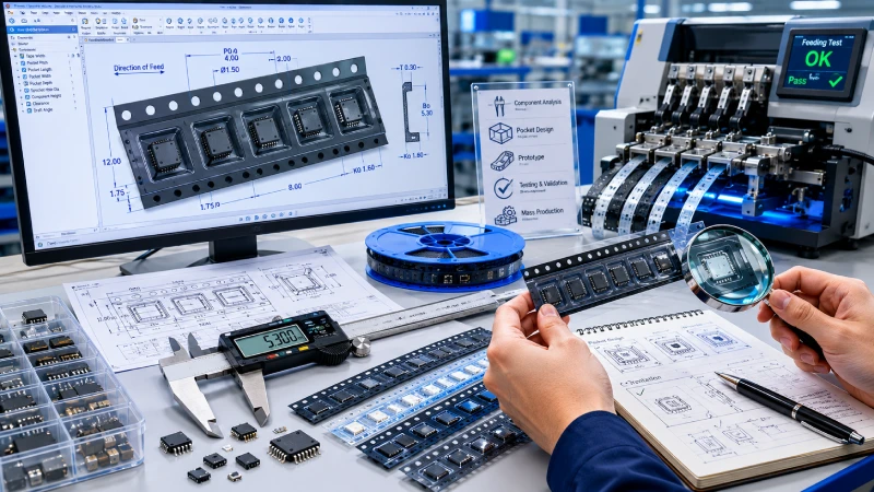 Custom carrier tape design process showing component measurement pocket engineering prototype testing and SMT feeder validation
