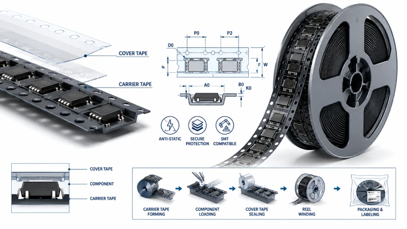 EIA-481 carrier tape cover tape and plastic reel structure used in SMT packaging