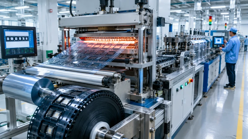 Embossed carrier tape thermoforming process showing plastic film heating and precision pocket formation
