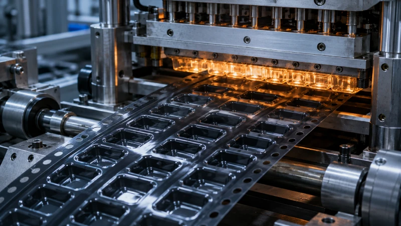 Embossed carrier tape thermoforming process during precision electronic packaging production