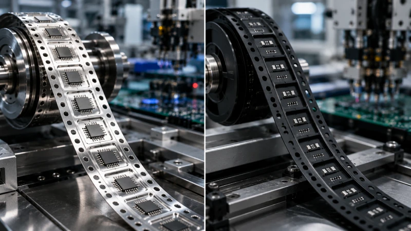 Metal carrier tape compared with plastic carrier tape in SMT packaging