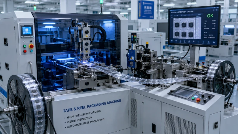 Automated carrier tape packaging machine for PC carrier tape materials and SMT semiconductor packaging