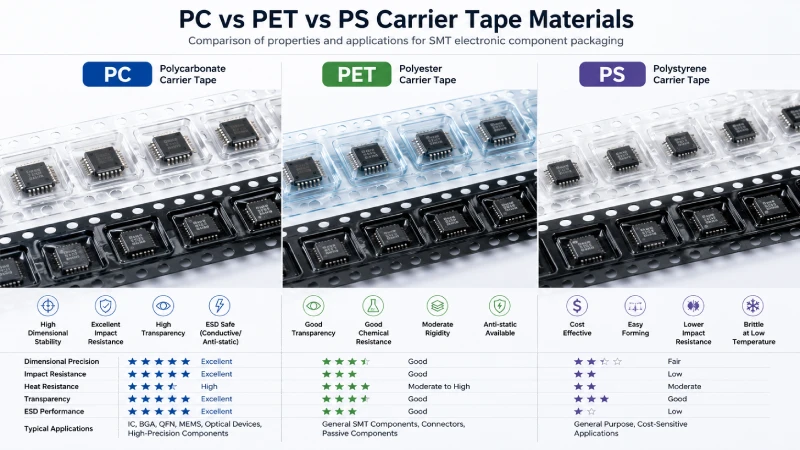 Comparison of PC, PET, and PS carrier tape materials used in SMT electronic packaging