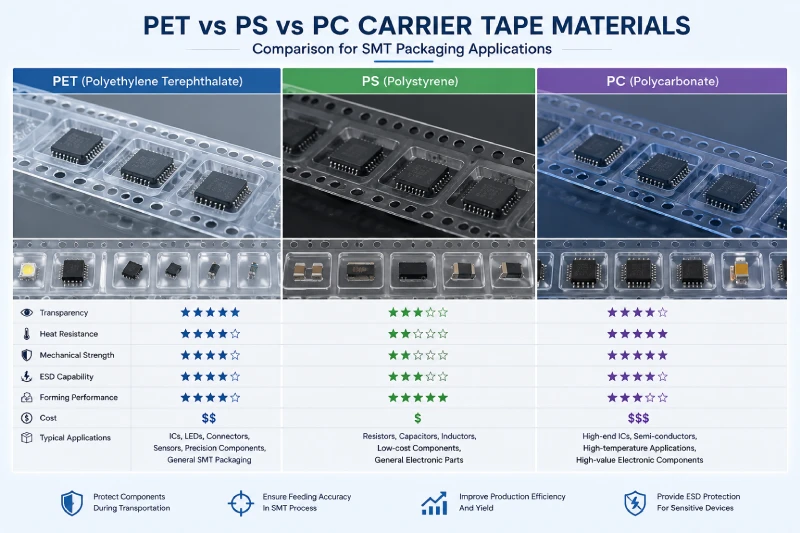 Comparison of PET PS and PC carrier tape materials for SMT packaging