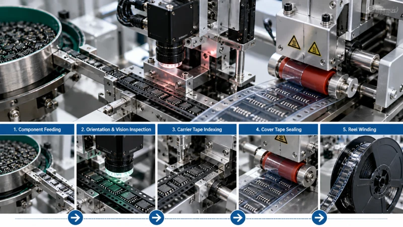 SMD tape and reel packaging workflow with automated sealing and reel winding system