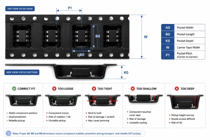 Diagrama que explica las dimensiones de cavidad A0, B0 y K0 en carrier tape