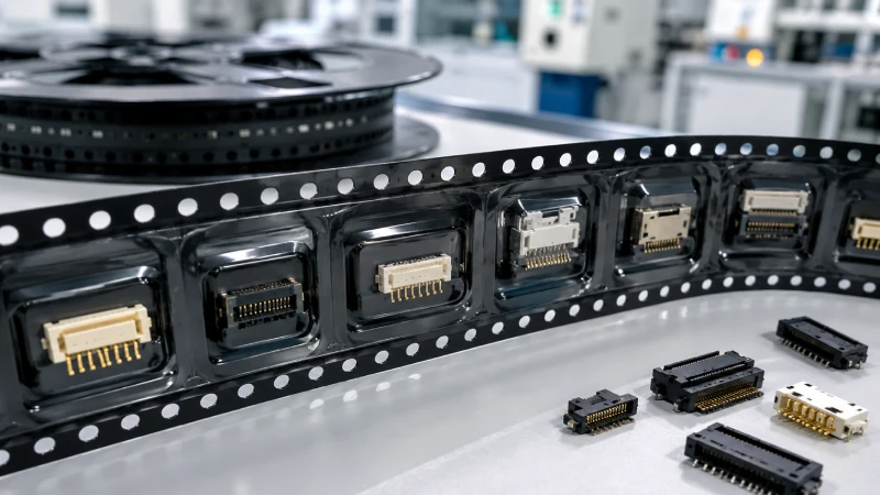 Custom embossed carrier tape for connector packaging with SMD connectors seated in protective pockets