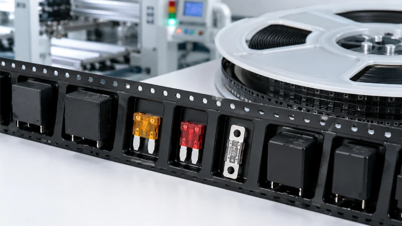 Embossed carrier tape for relays and fuses with deep pockets for stable tape-and-reel packaging