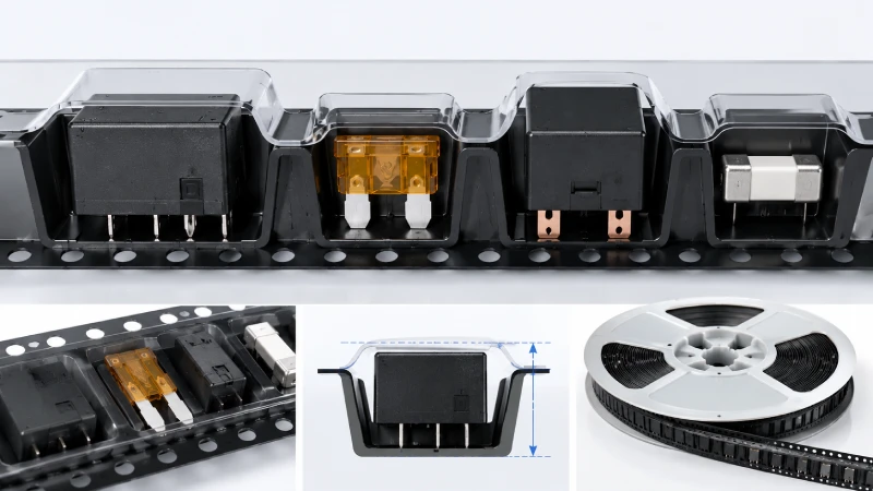 Carrier tape นูนแบบกำหนดเองแสดงพ็อคเก็ตลึก การปิดผนึก cover tape และบรรจุภัณฑ์ที่เสถียรสำหรับรีเลย์และฟิวส์