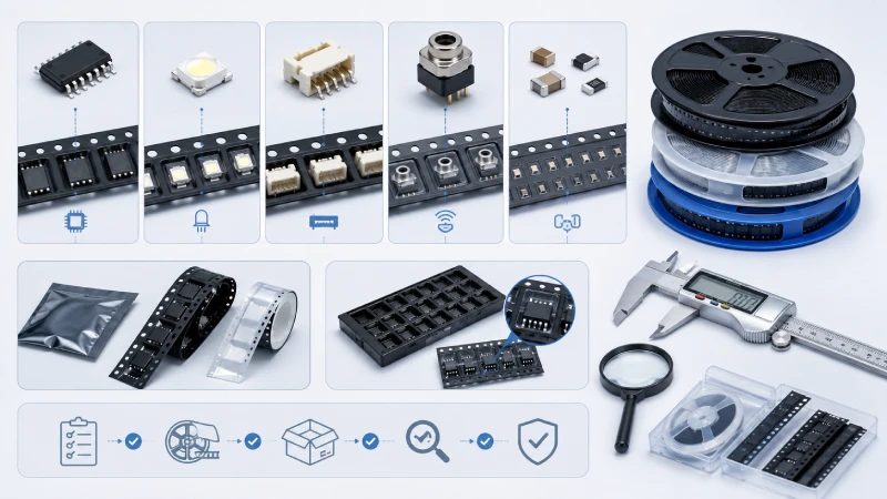 Guía de selección de proveedor de cinta portadora para componentes electrónicos que muestra IC, LED, conectores, cinta portadora, cinta de cubierta y carretes