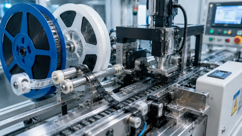 Automated tape-and-reel packaging process showing cover tape placement and inspection