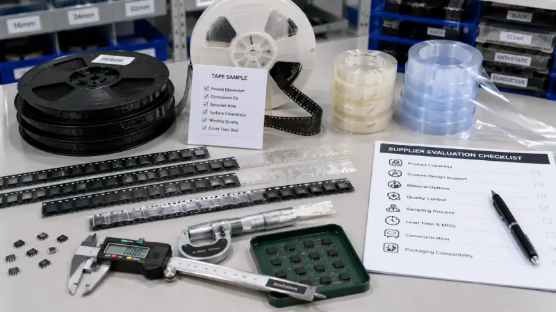 Carrier tape, embossed carrier tape, cover tape, plastic reels, and inspection tools arranged for SMT packaging supplier evaluation.