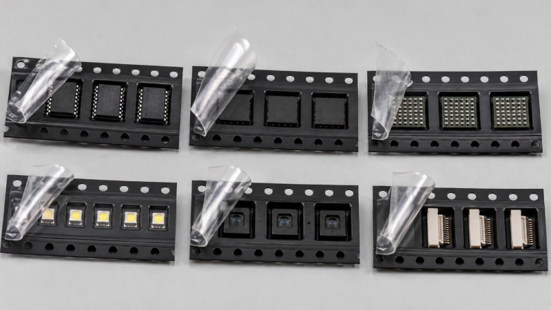 IC, QFN, BGA, LED, sensor and connector samples in carrier tape for cover tape selection