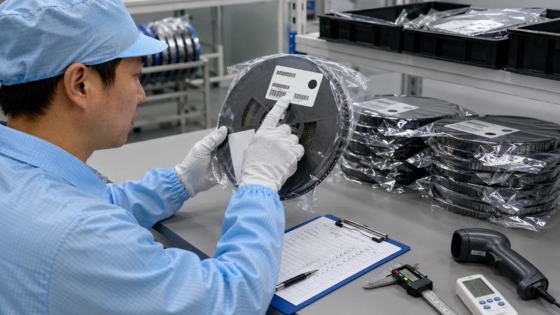 Technician checking cover tape lot labels and storage records during incoming inspection