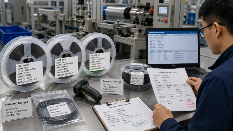 Cover tape reels, lot labels and quality records used for supplier sample validation