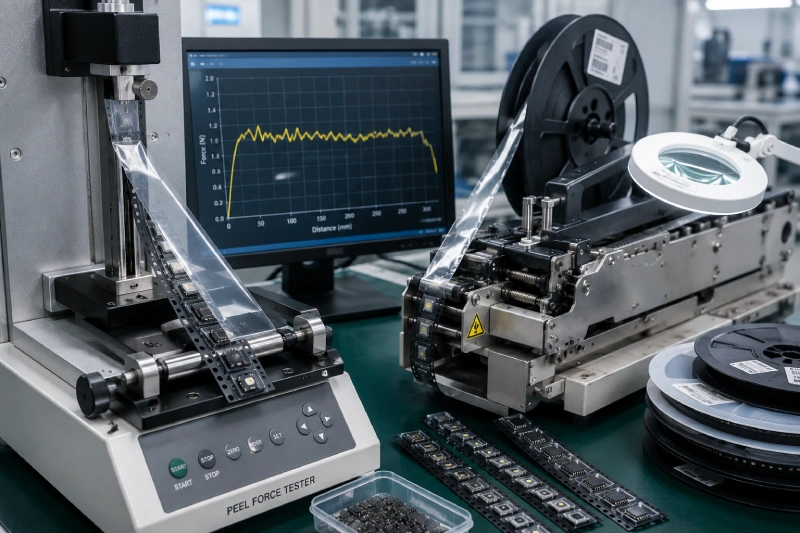 Cover tape peel-force testing and SMT feeder validation with electronic components