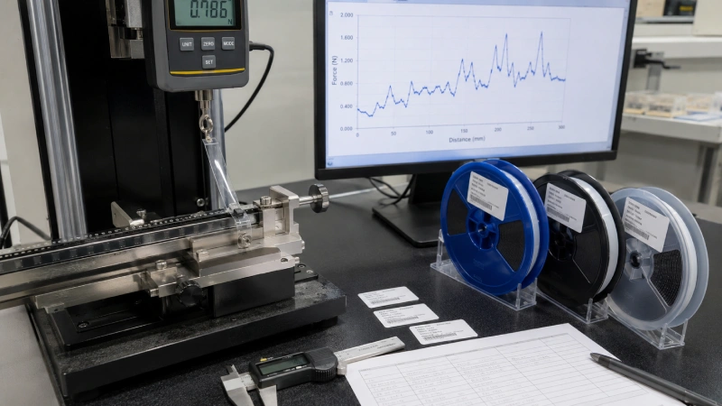 Cover tape peel-force consistency test using carrier tape and a digital force tester