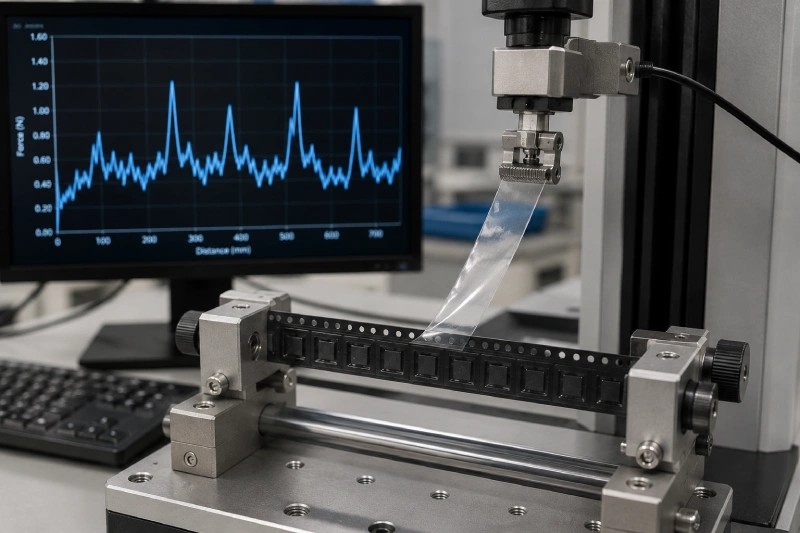 Cover tape peel-force testing on embossed carrier tape with a fluctuating force curve