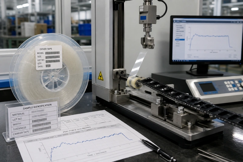 Cover tape peel-force qualification test using embossed carrier tape and controlled test conditions