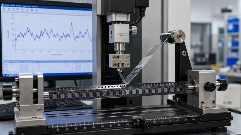Cover tape peel-force testing used to diagnose uneven peeling in SMT tape-and-reel packaging