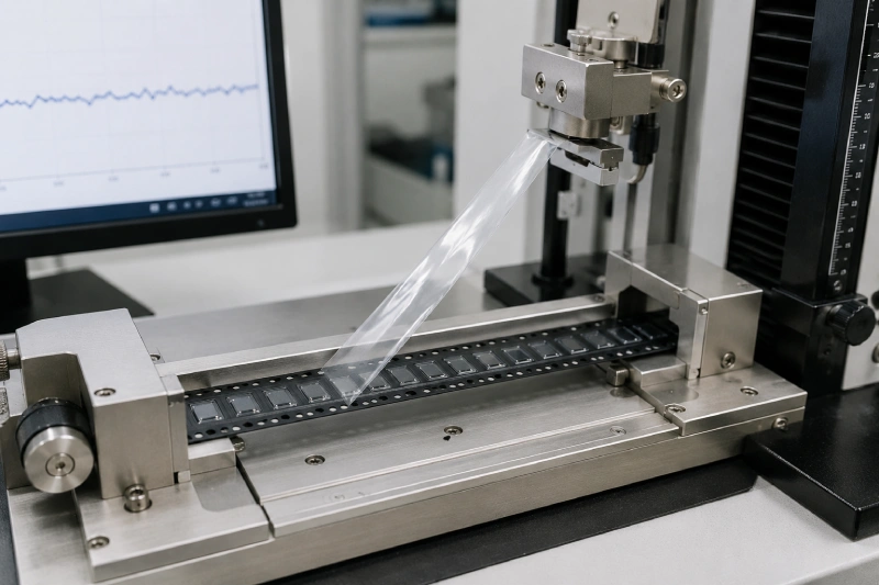 Inspection of cover tape after peel testing for residue tearing wrinkles and uneven separation